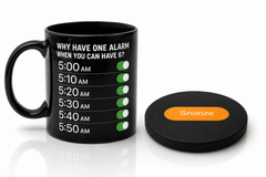 Black Alarm Clock Coffee Mug with Snooze Button Coaster – Black Ceramic Mug and Matching Coaster Set, Multiple Alarm Design, Gift for Heavy Sleepers, Morning Coffee Cup for Home or Office.