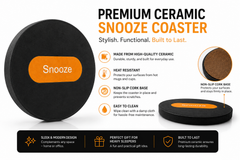 Black Alarm Clock Coffee Mug with Snooze Button Coaster – Black Ceramic Mug and Matching Coaster Set, Multiple Alarm Design, Gift for Heavy Sleepers, Morning Coffee Cup for Home or Office.
