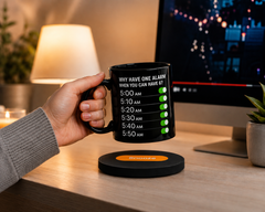 Black Alarm Clock Coffee Mug with Snooze Button Coaster – Black Ceramic Mug and Matching Coaster Set, Multiple Alarm Design, Gift for Heavy Sleepers, Morning Coffee Cup for Home or Office.